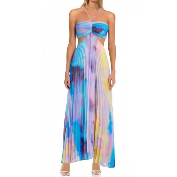 NEW BADGLEY MISCHKA gabriella halter dress in blue multi - Picture 1 of 3